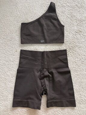 SET Active One-Shoulder Sports Bra and High-Waist Shorts in Chocolate Brown